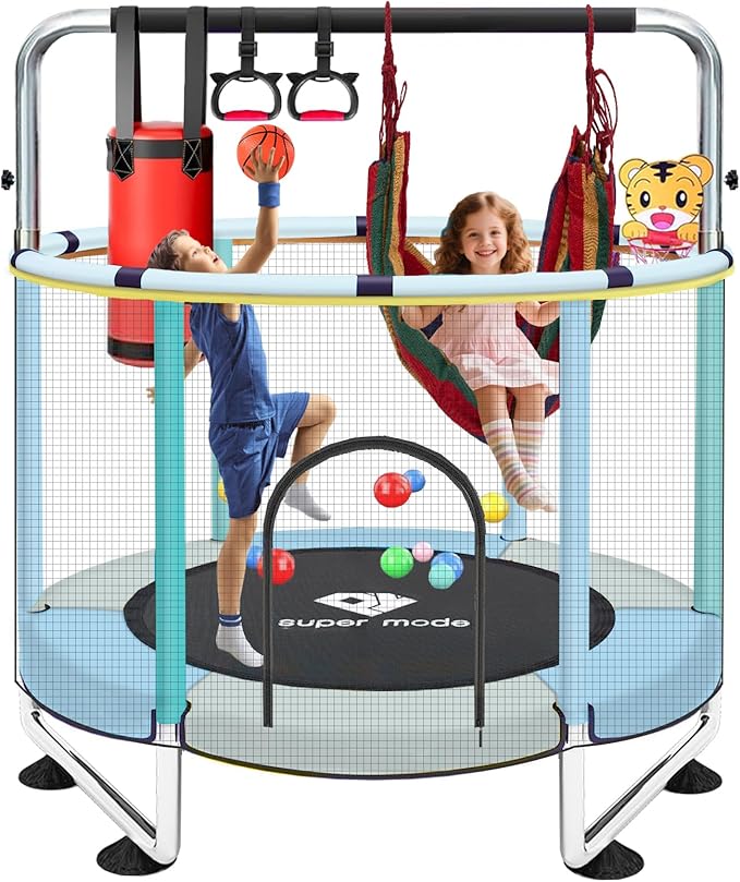 Trampoline for Kids, 5FT Adjustable Toddler Trampoline, Indoor/Outdoor Baby Trampoline with Enclosure Net, No-Gap Safe Design, Gifts for Boys & Girls